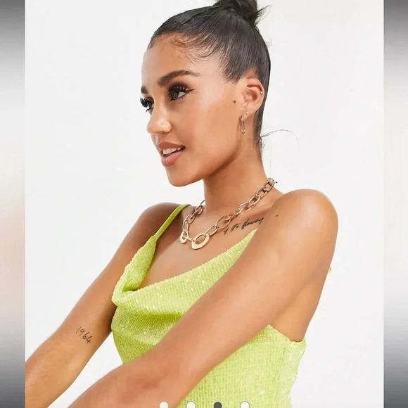 Club L London sequin cowl neck mini dress in lime - Picture 3 of 16